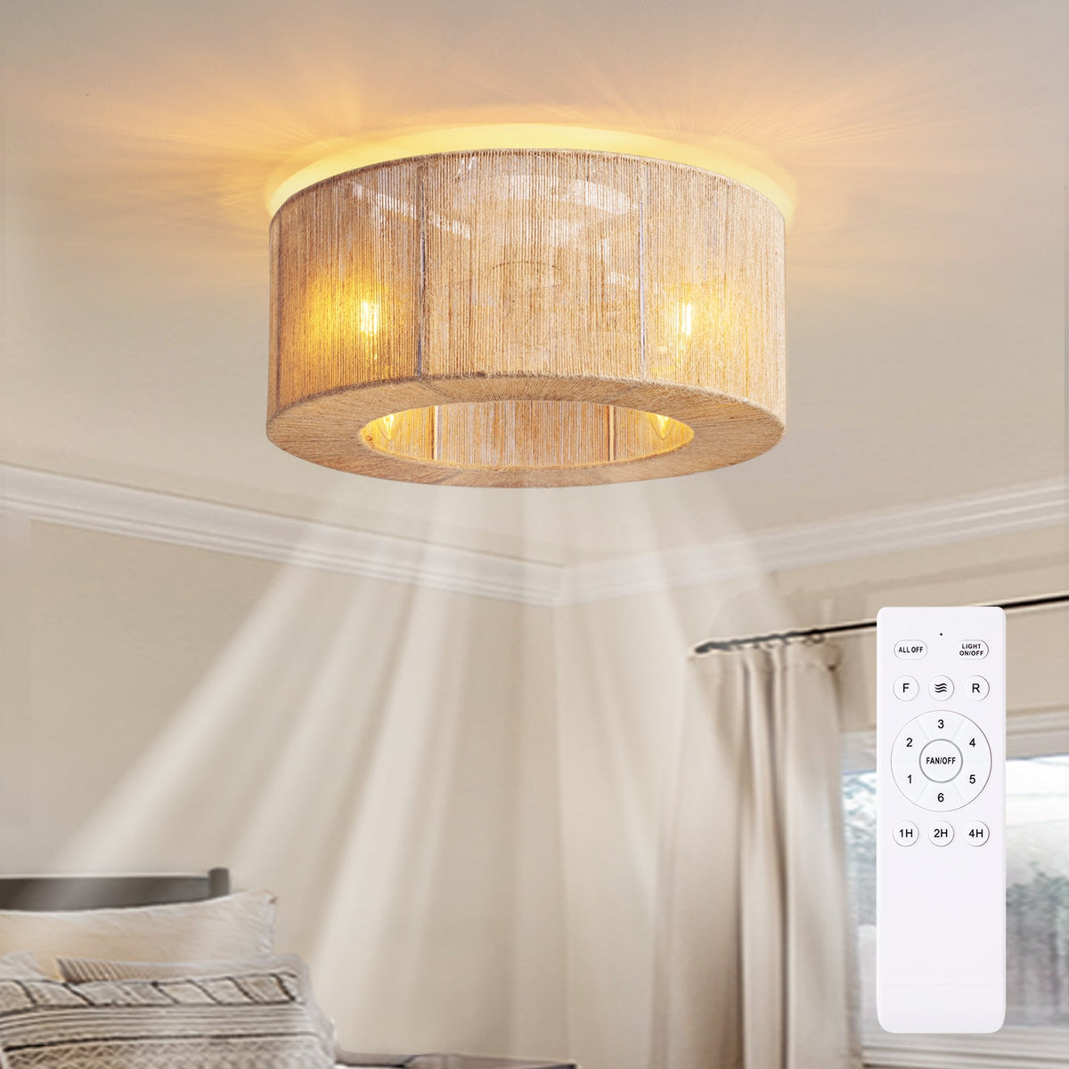 18in Rattan Ceiling Fan with Lights&Remote Bohemian Flush Mount Fandelier for Nursery No Bulbs