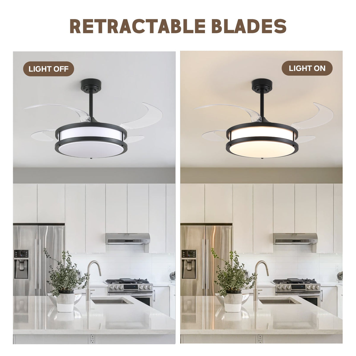 48in Indoor Downrod Mount Modern Black Retractable Dimmable Fandelier Ceiling Fan with Remote
