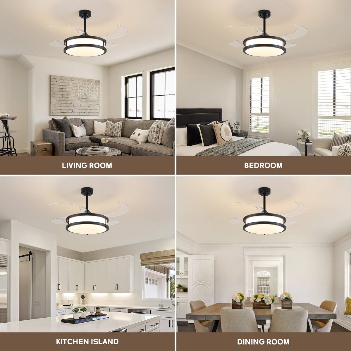 48in Indoor Downrod Mount Modern Black Retractable Dimmable Fandelier Ceiling Fan with Remote