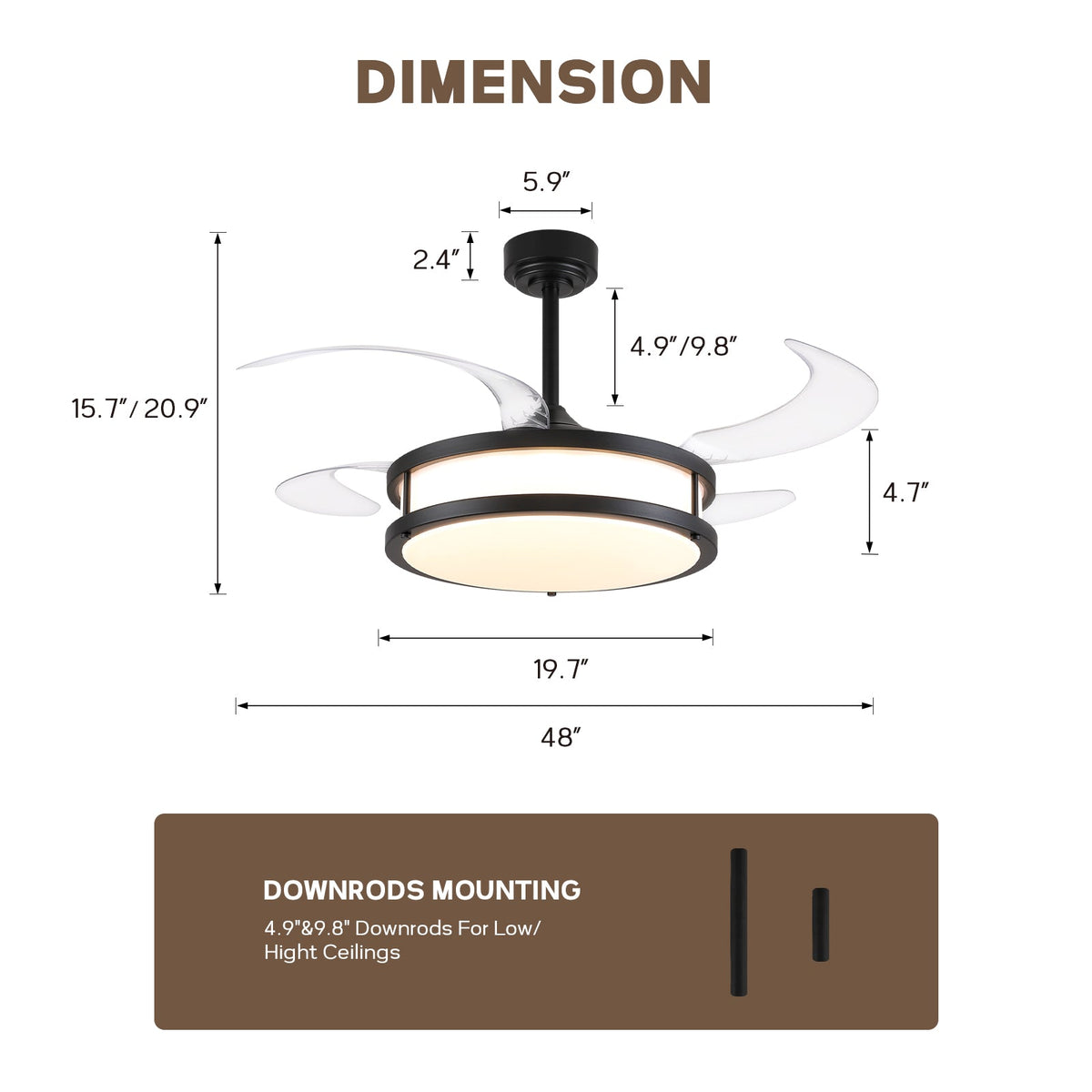 48in Indoor Downrod Mount Modern Black Retractable Dimmable Fandelier Ceiling Fan with Remote