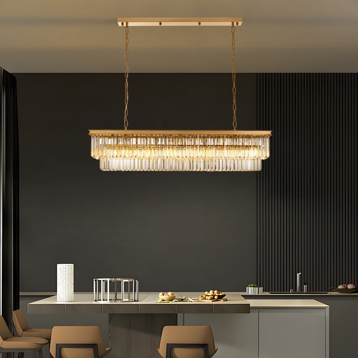 Araña de cristal rectangular dorada moderna de 8 luces con luz para comedor o cocina