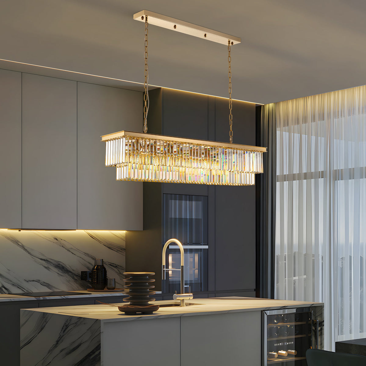 Araña de cristal rectangular dorada moderna de 8 luces con luz para comedor o cocina
