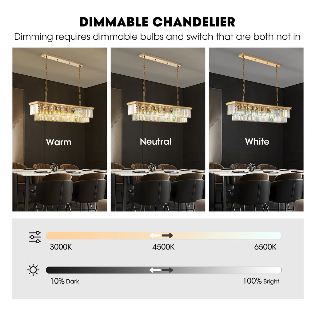 Araña de cristal rectangular dorada moderna de 8 luces con luz para comedor o cocina