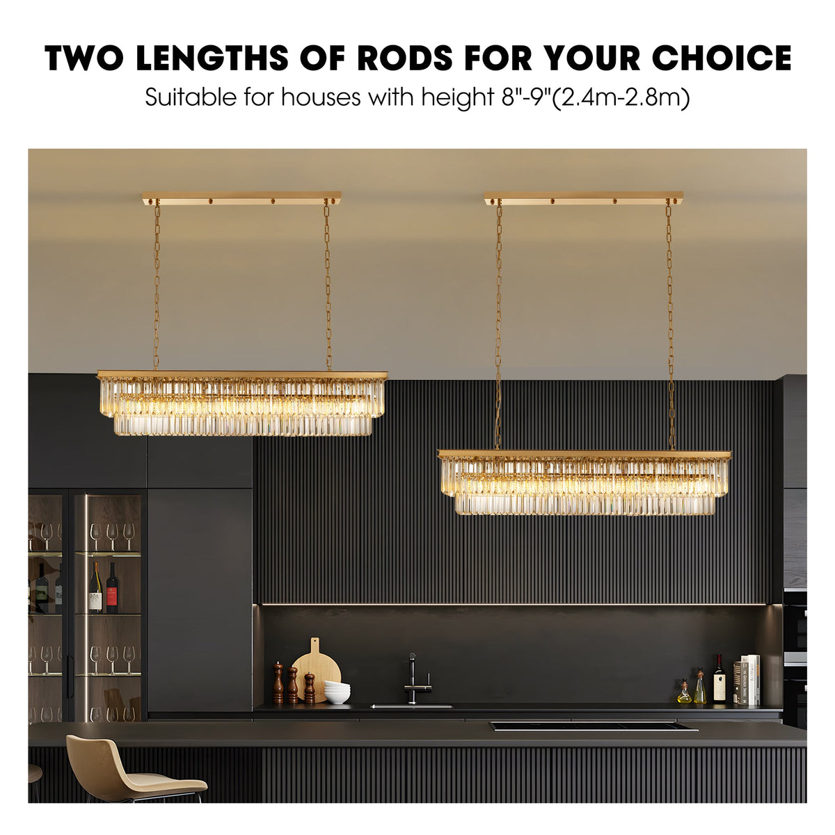 Araña de cristal rectangular dorada moderna de 8 luces con luz para comedor o cocina