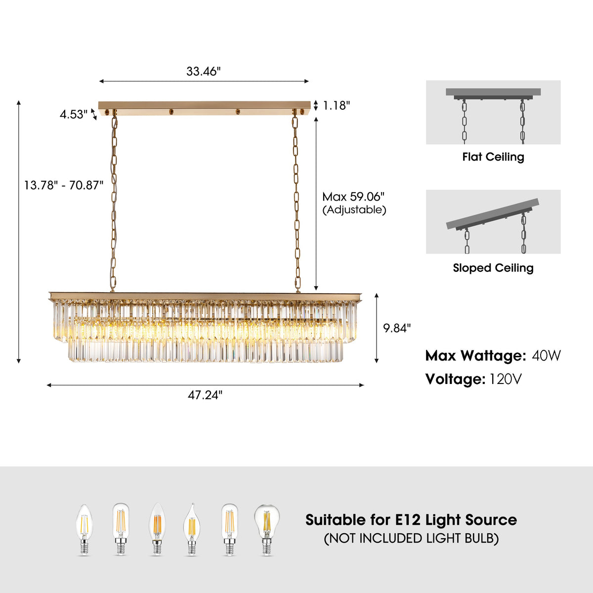Araña de cristal rectangular dorada moderna de 8 luces con luz para comedor o cocina