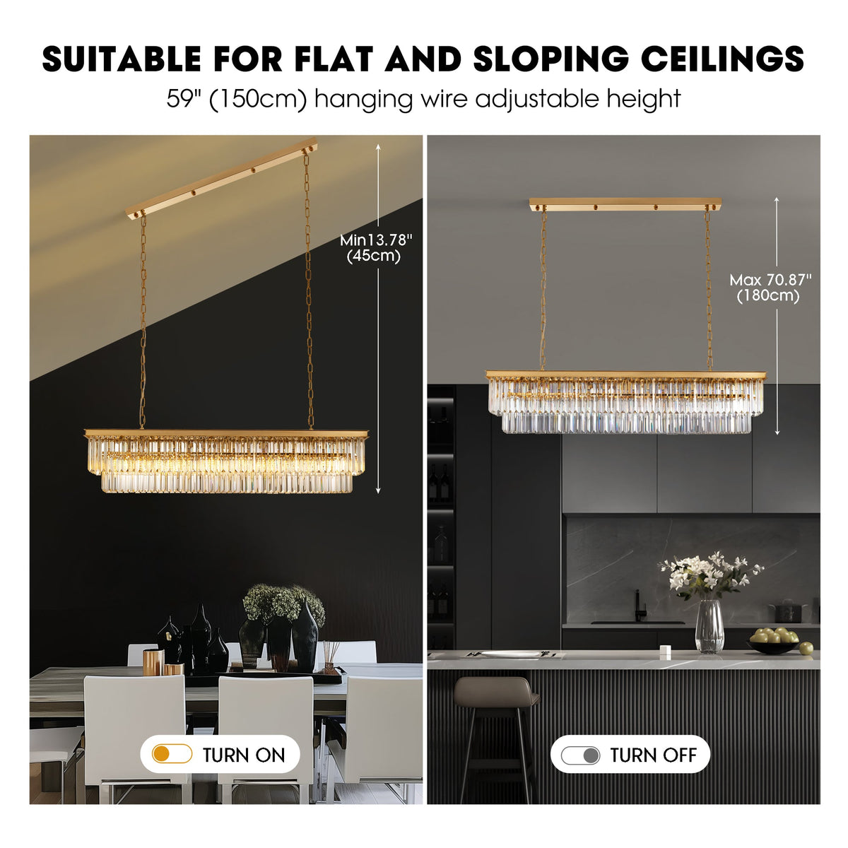 Araña de cristal rectangular dorada moderna de 8 luces con luz para comedor o cocina