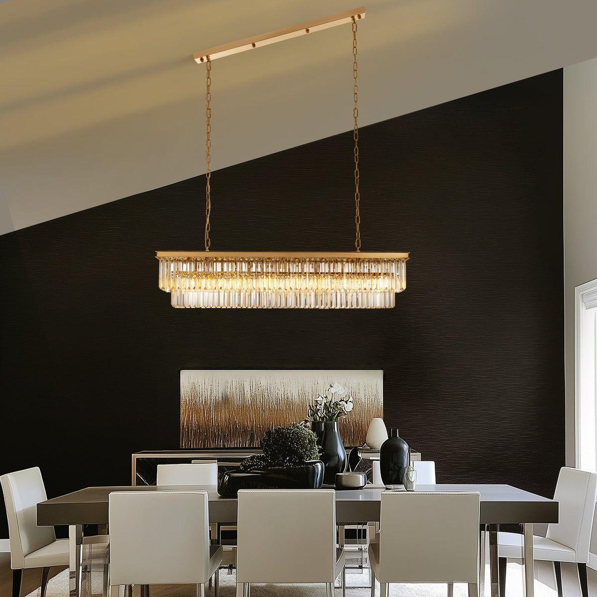Araña de cristal rectangular dorada moderna de 8 luces con luz para comedor o cocina