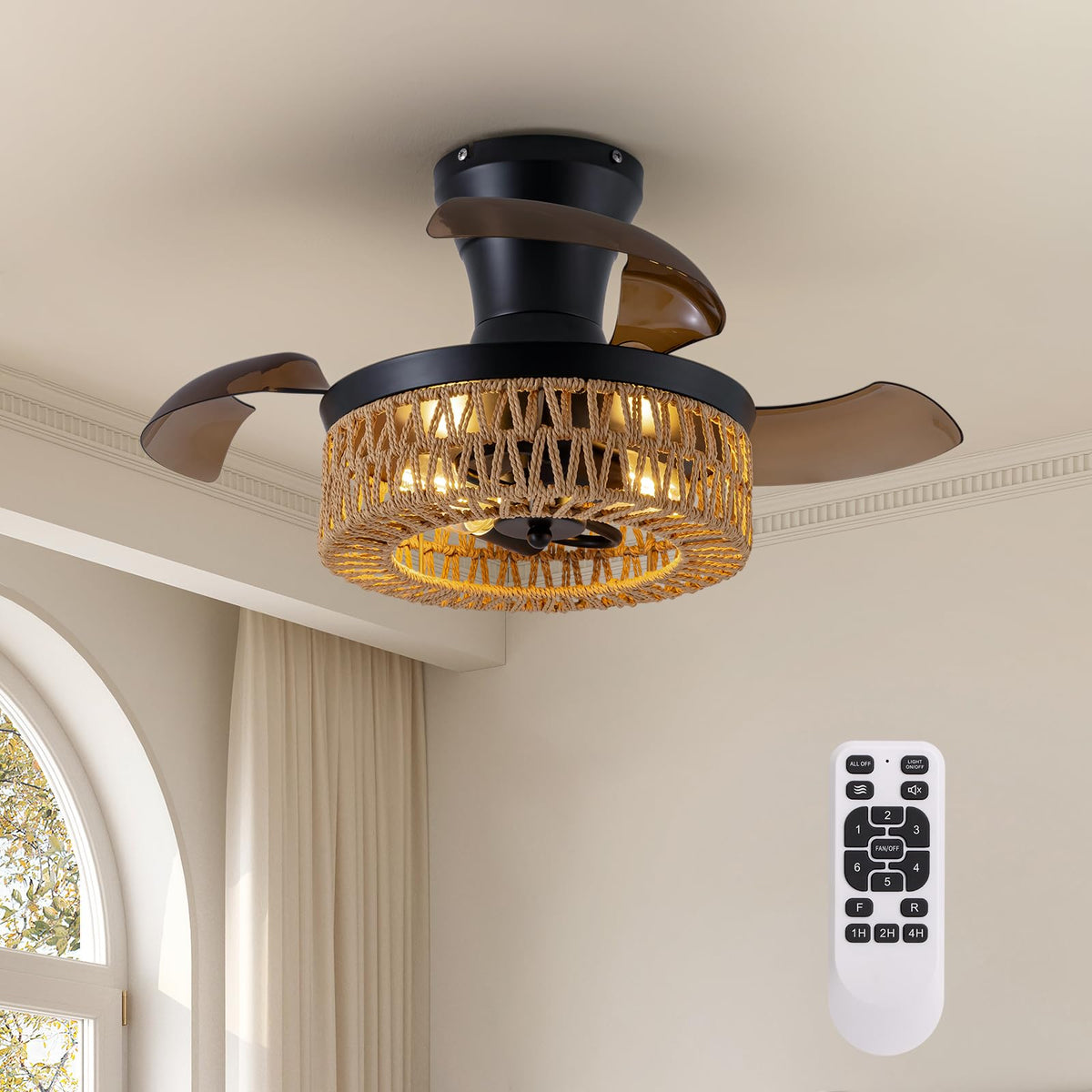 28in Retractable Ceiling Fan with Light Flush Mount Caged Boho Fandelier Remote Control