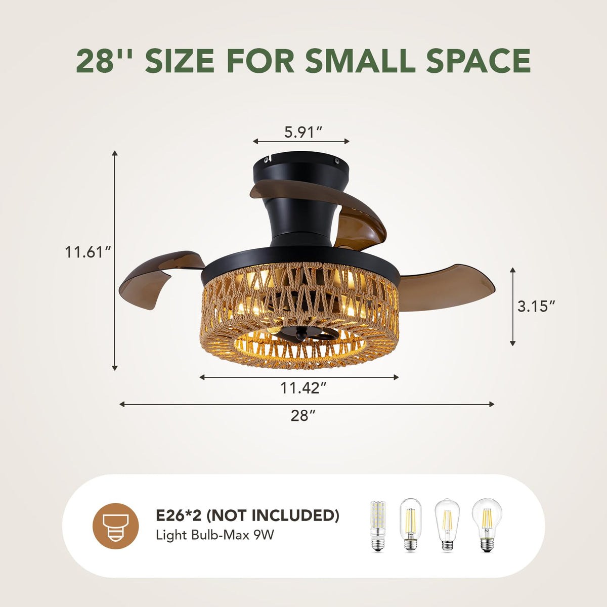 28in Retractable Ceiling Fan with Light Flush Mount Caged Boho Fandelier Remote Control
