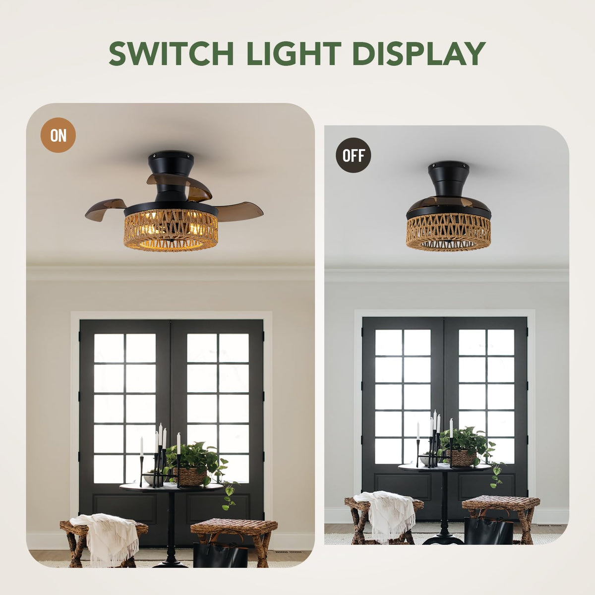 28in Retractable Ceiling Fan with Light Flush Mount Caged Boho Fandelier Remote Control
