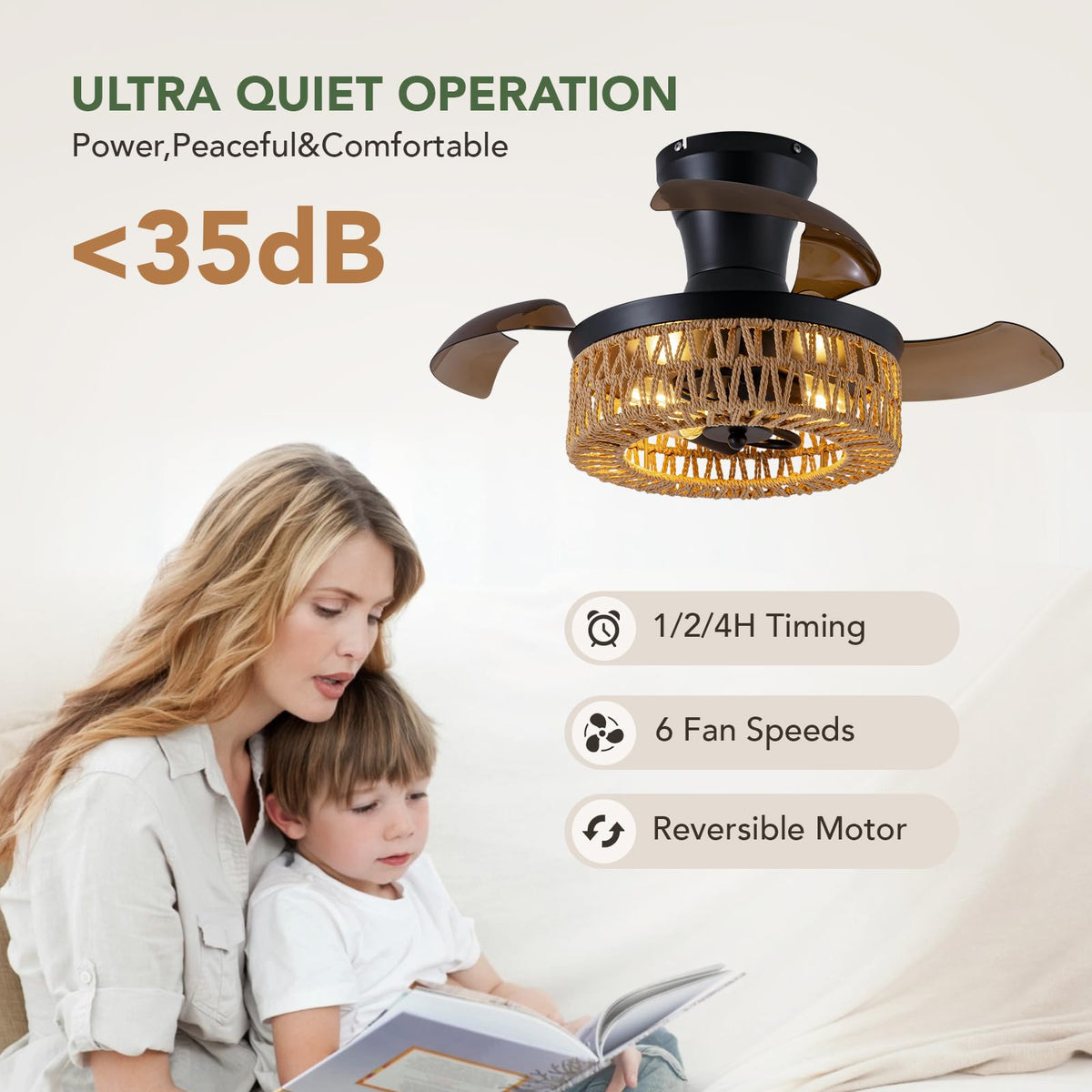 28in Retractable Ceiling Fan with Light Flush Mount Caged Boho Fandelier Remote Control
