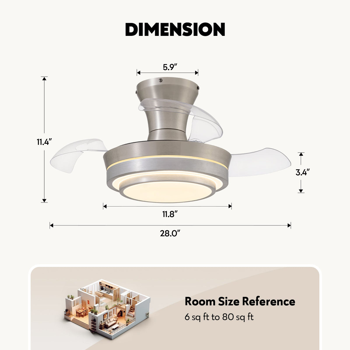 28in Retractable LED Ceiling Fan with Light Dimmable Low Profile Fandelier Remote&APP Control