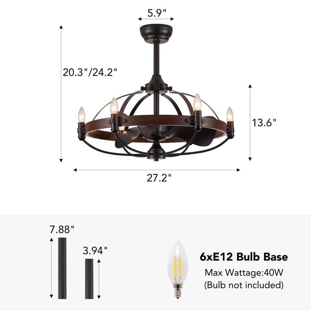 27" Farmhouse Indoor Vintage Cage Ceiling Fan with Light, Reversible Rotation, and Remote Control