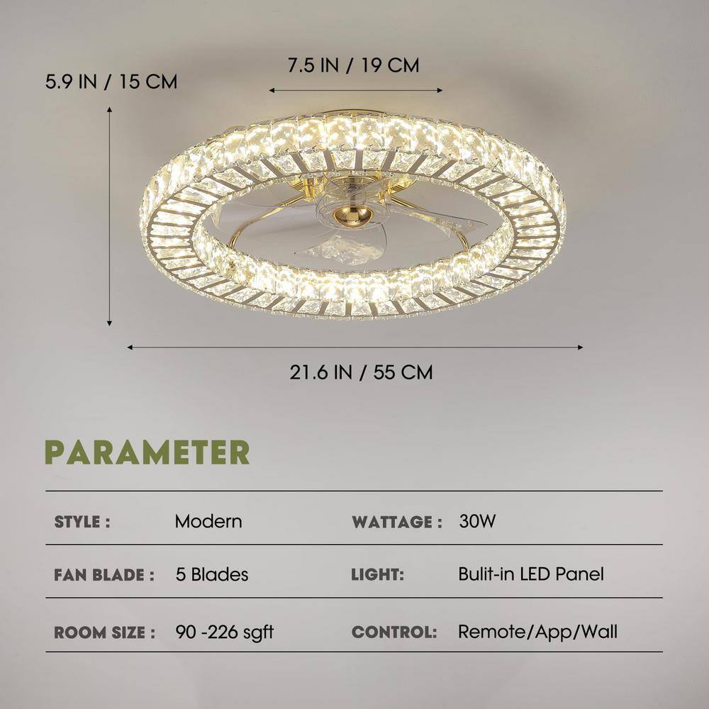 Ventilador de techo de perfil bajo de cristal dorado de 22" para interiores con luces y control remoto incluido