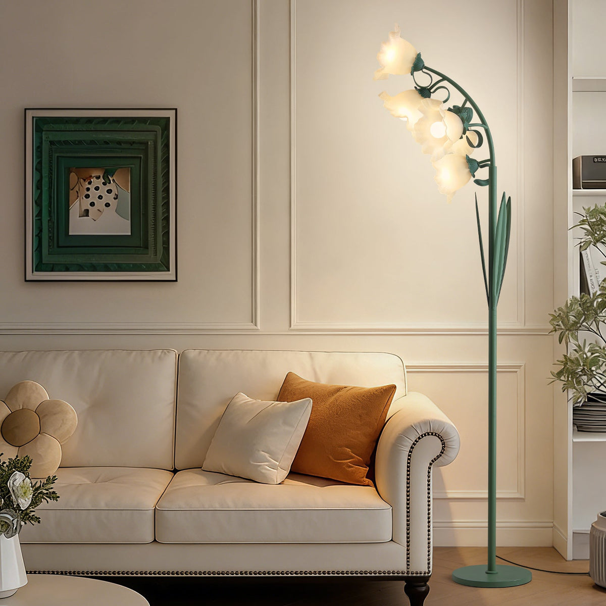 5 Light Flower Floor Lamp for Living Room,3CCT LED Arc Floor Lamp with Foot Switch,Cute Floral Standing Lamp for Bedroom with Acrylic Shades,Curves Tall Lamp for Living Room Corner (Bulbs Included)
