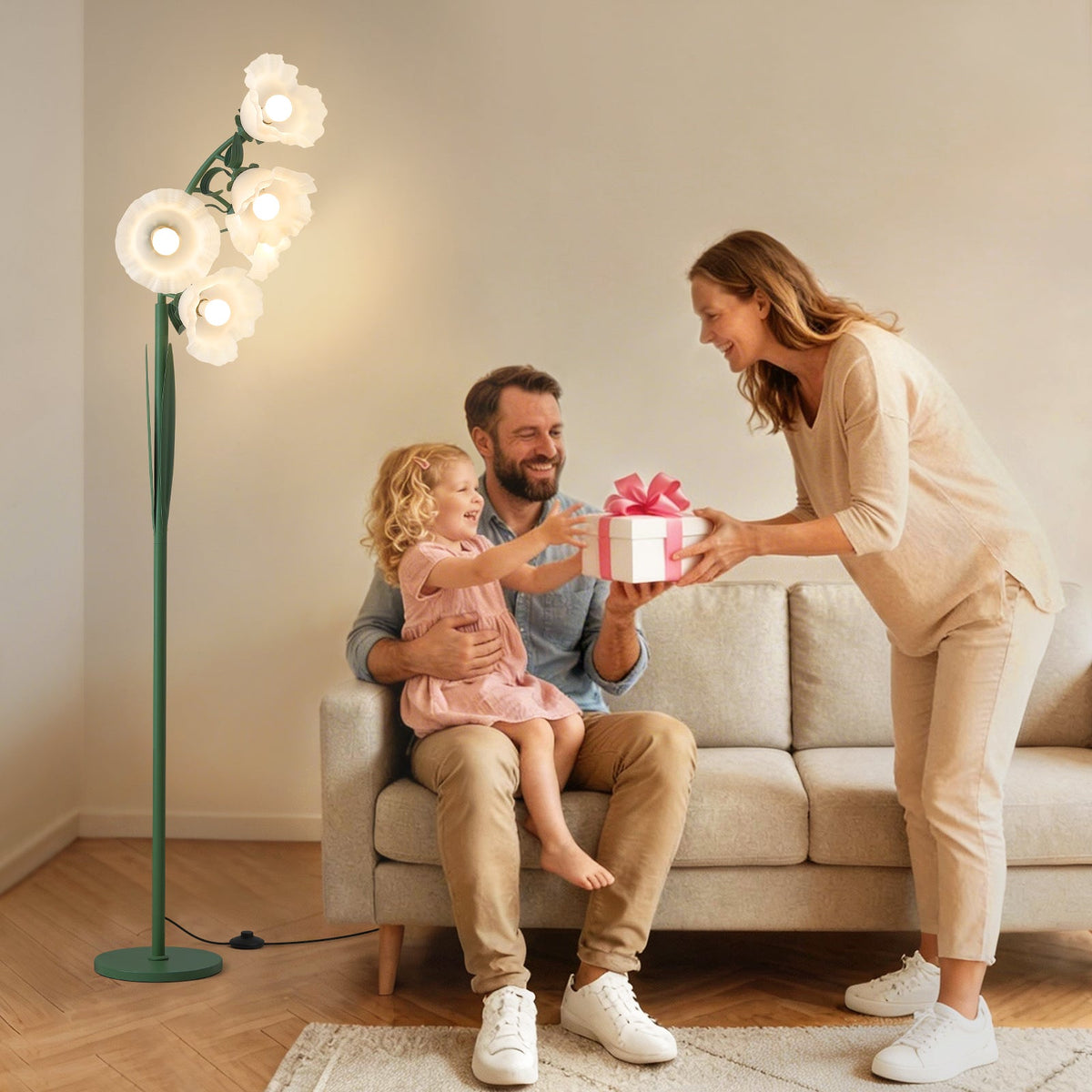 5 Light Flower Floor Lamp for Living Room,3CCT LED Arc Floor Lamp with Foot Switch,Cute Floral Standing Lamp for Bedroom with Acrylic Shades,Curves Tall Lamp for Living Room Corner (Bulbs Included)
