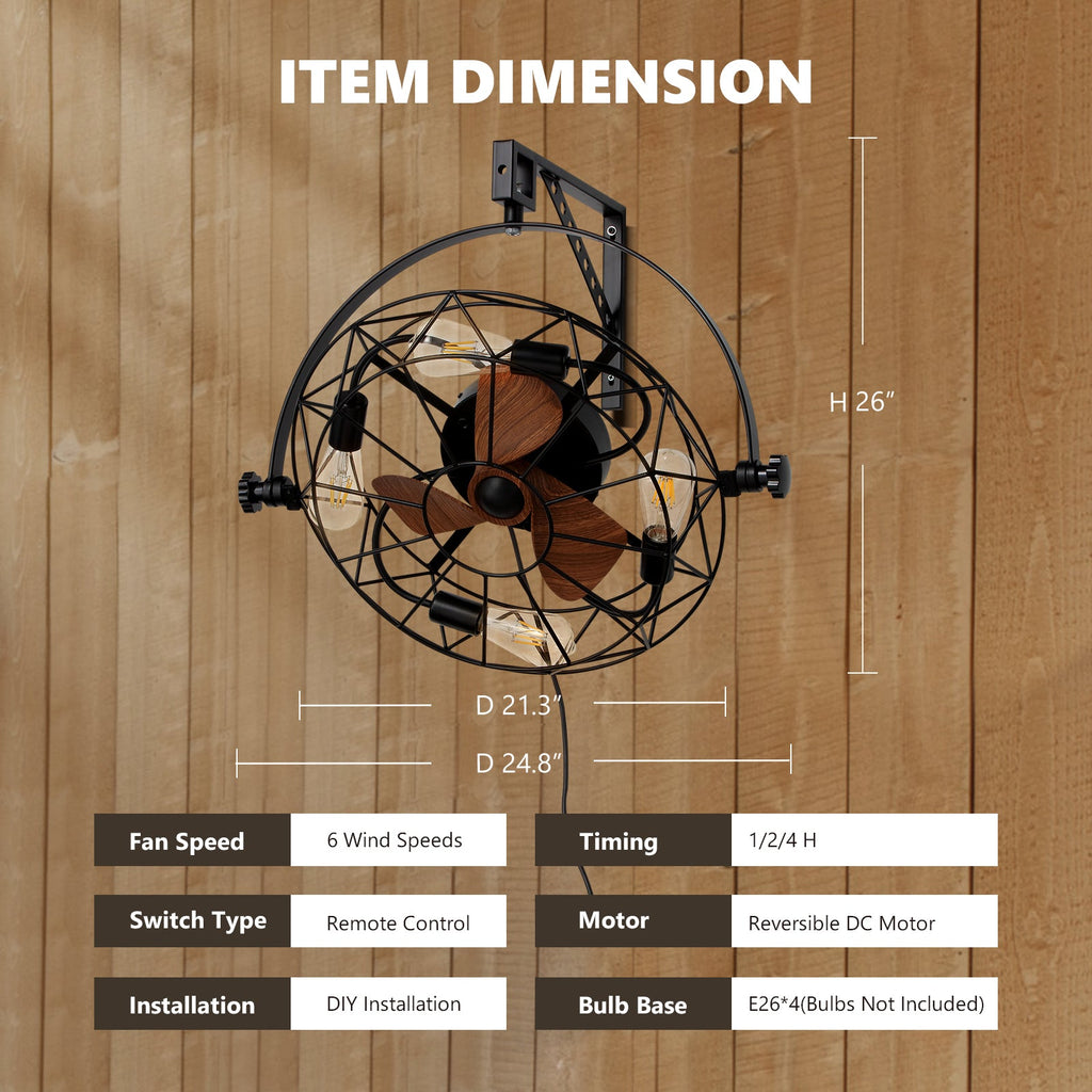 20 in. Indoor Industrial Wall Fan with Lights and Remote, Black Wall Mounted Ceiling Fan with 6 Fan Speeds