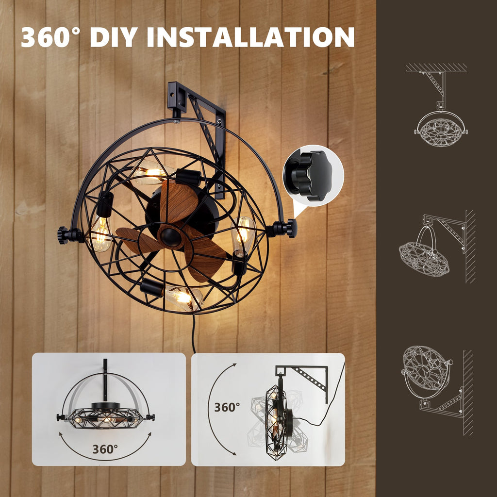 20 in. Indoor Industrial Wall Fan with Lights and Remote, Black Wall Mounted Ceiling Fan with 6 Fan Speeds