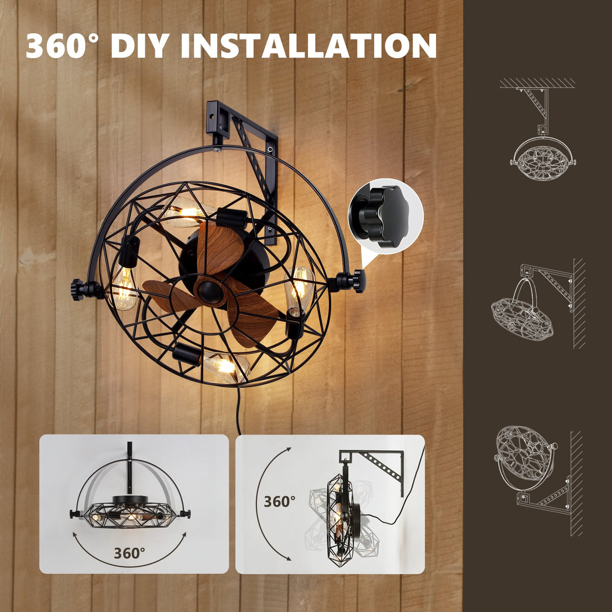20 in. Indoor Industrial Wall Fan with Lights and Remote, Black Wall Mounted Ceiling Fan with 6 Fan Speeds