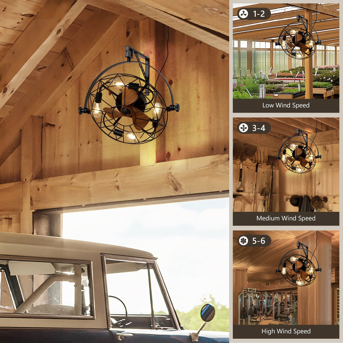 20 in. Indoor Industrial Wall Fan with Lights and Remote, Black Wall Mounted Ceiling Fan with 6 Fan Speeds