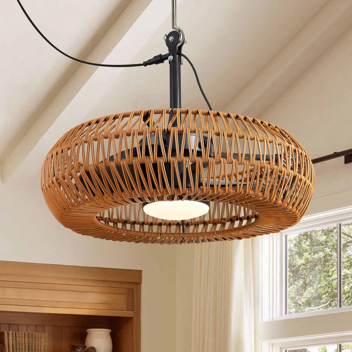 23.6 in Indoor/Outdoor Waterproof Woven LED Ceiling Fan Light with Dimming and Time(Includes Remote Control)