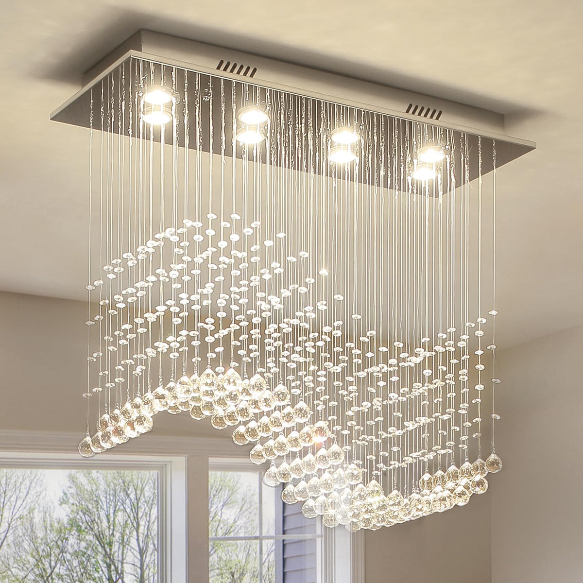 8 Lights Rectangular Wave Raindrop Chandelier Flush Mount Crystal Chandelier No Bulbs