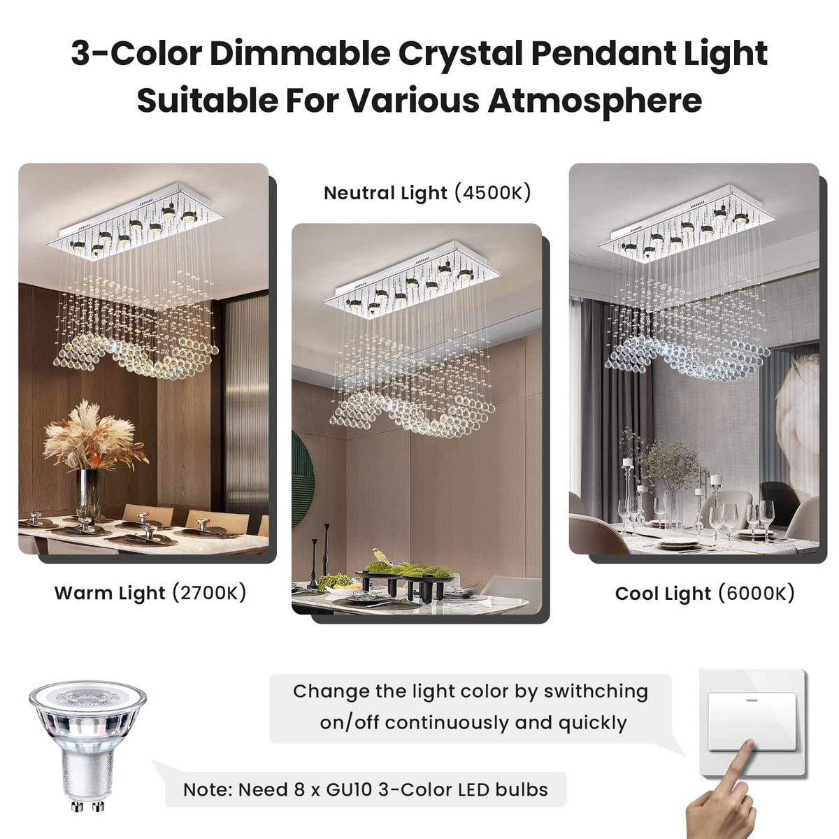 8 Lights Rectangular Wave Raindrop Chandelier Flush Mount Crystal Chandelier No Bulbs