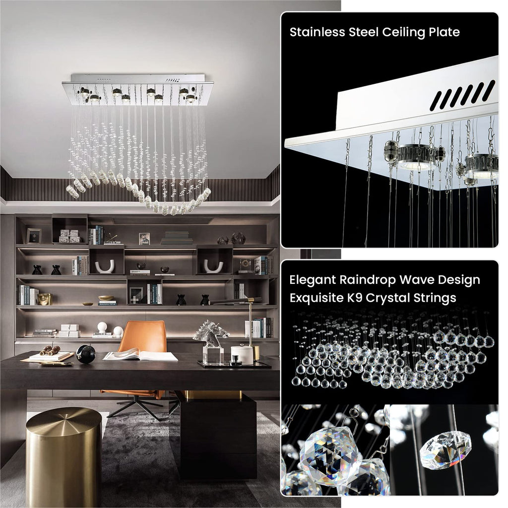 8 Lights Rectangular Wave Raindrop Chandelier Flush Mount Crystal Chandelier No Bulbs