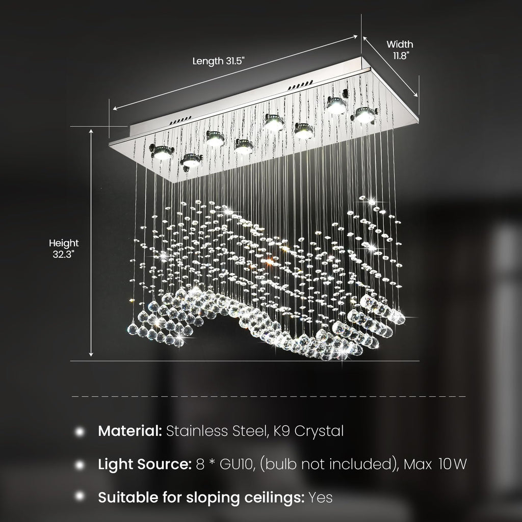 8 Lights Rectangular Wave Raindrop Chandelier Flush Mount Crystal Chandelier No Bulbs