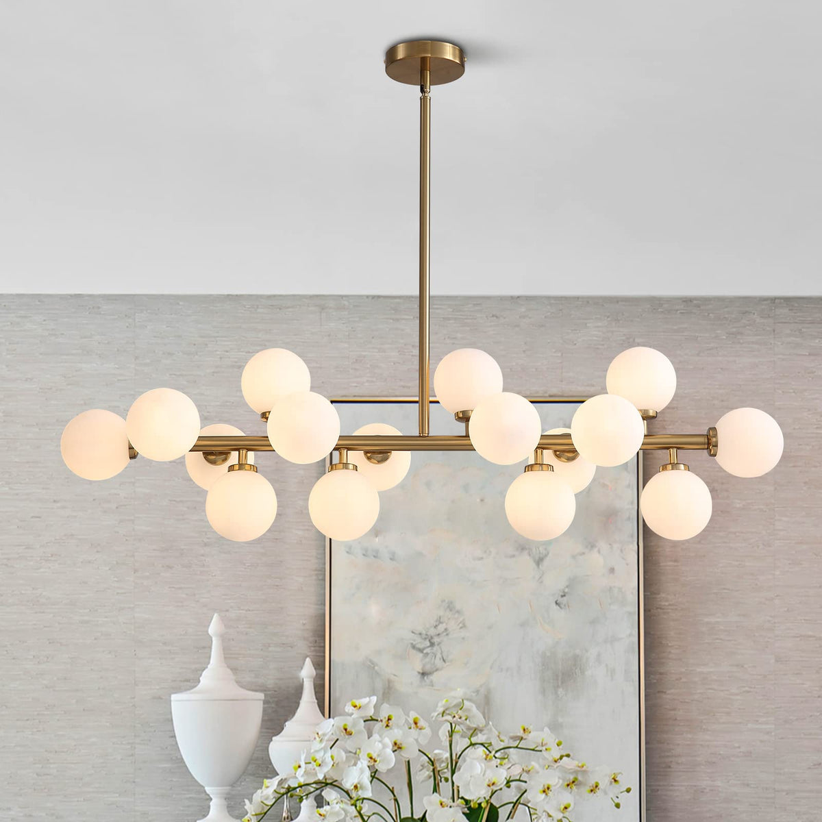 16-Light Mid Century Glass Chandelier 39in Modern Gold Linear Pendant Fixture No Bulb