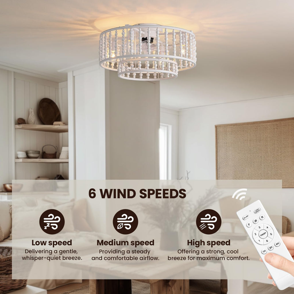 19 in. Indoor White Boho 2-Tier Wood Beaded Caged Flush Mount Fandelier Ceiling Fan with Remote Control No Bulb Included