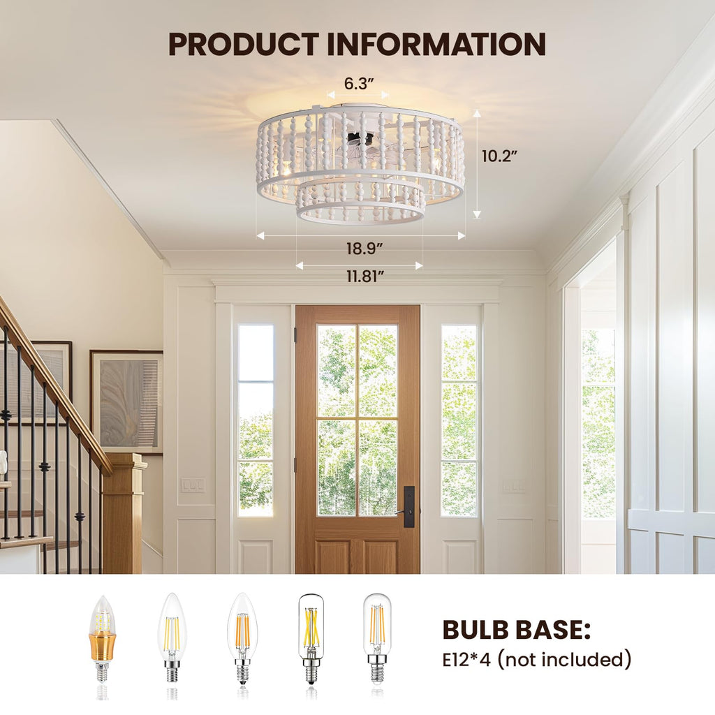 19 in. Indoor White Boho 2-Tier Wood Beaded Caged Flush Mount Fandelier Ceiling Fan with Remote Control No Bulb Included