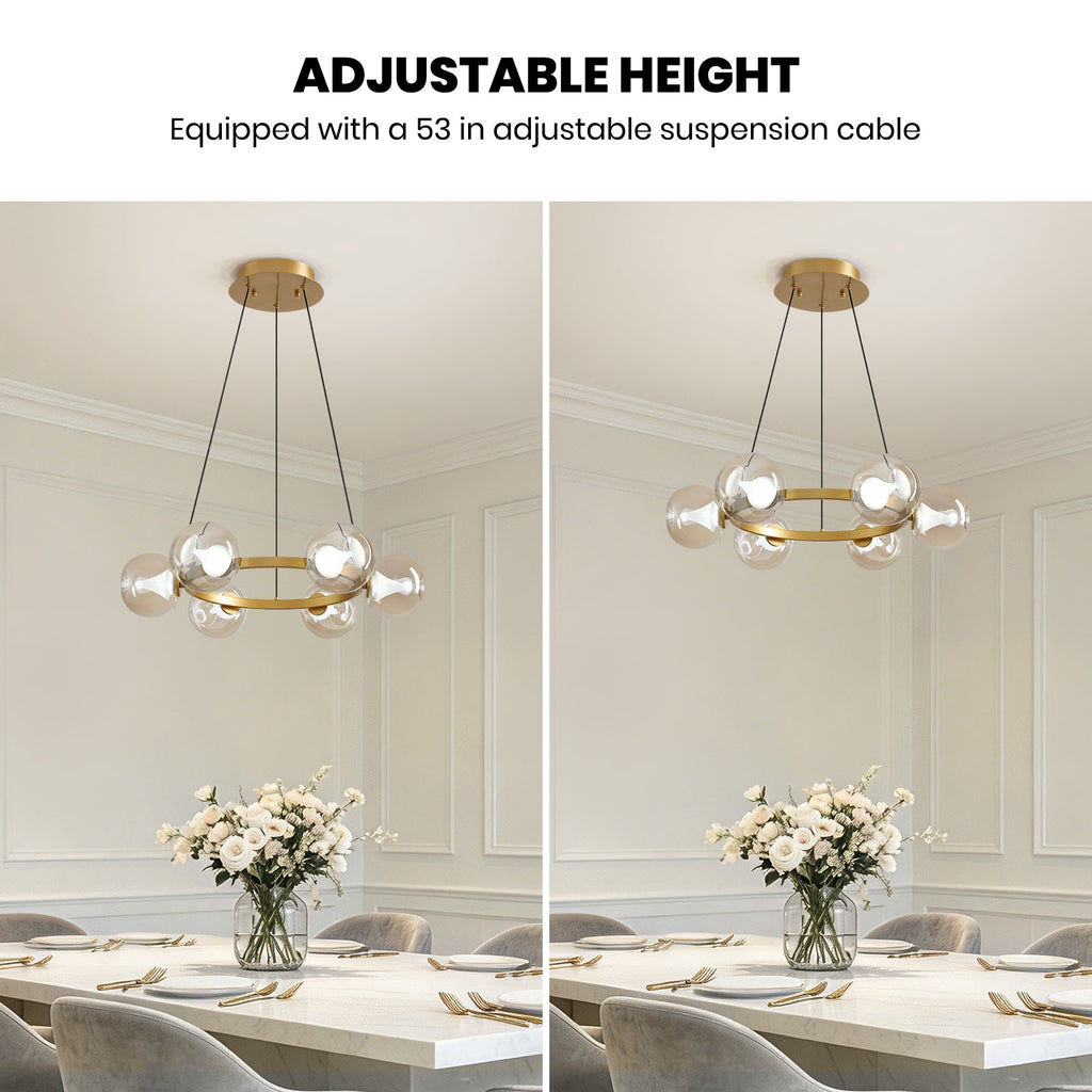 6-Light Gold Round Dream Molecule Chandelier with Amber Glass Shades, Dimmable and Remote Controlled