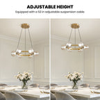 6-Light Gold Round Dream Molecule Chandelier with Amber Glass Shades, Dimmable and Remote Controlled