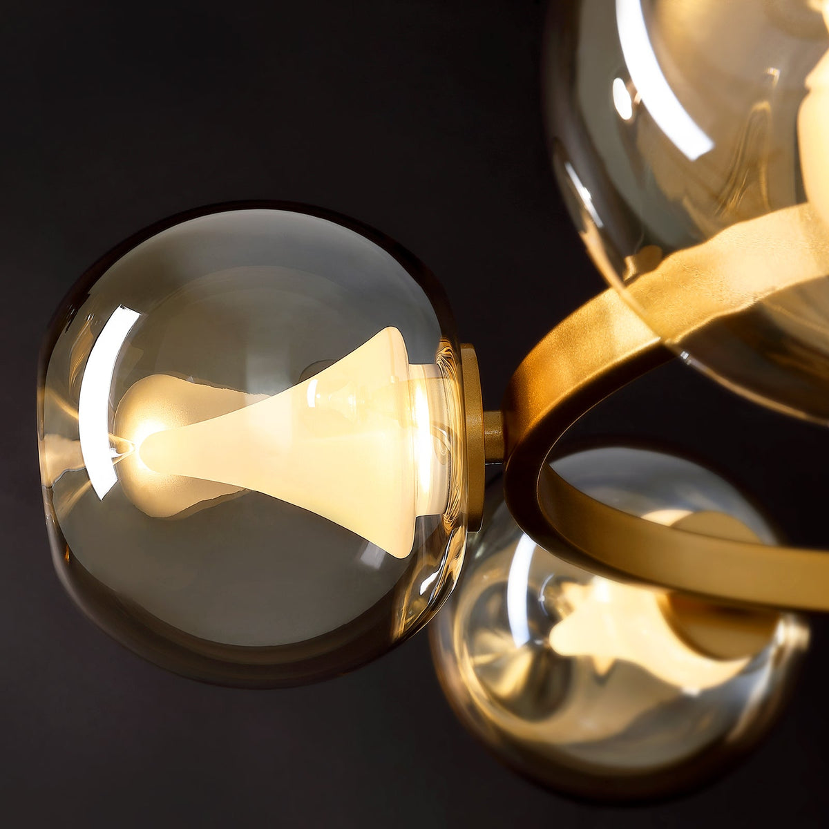 6-Light Gold Round Dream Molecule Chandelier with Amber Glass Shades, Dimmable and Remote Controlled