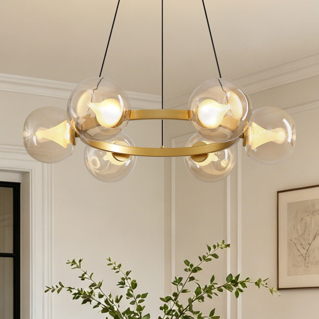 6-Light Gold Round Dream Molecule Chandelier with Amber Glass Shades, Dimmable and Remote Controlled
