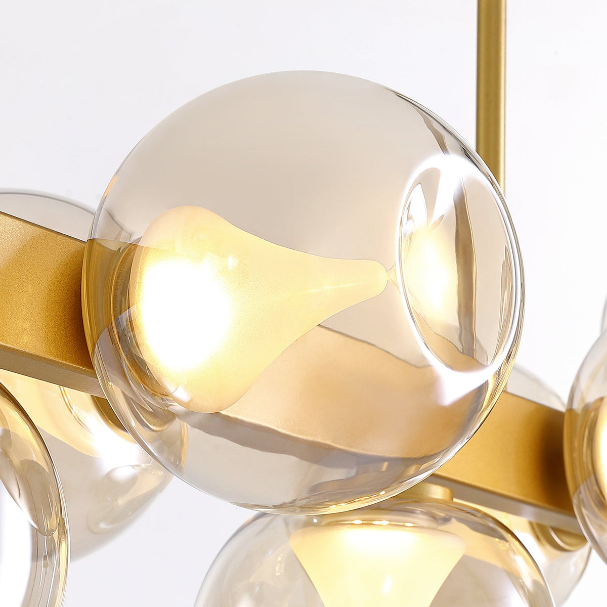 12-Light Gold linear Dream Molecule Chandelier with Amber Glass Shades, Dimmable and Remote-Controlled