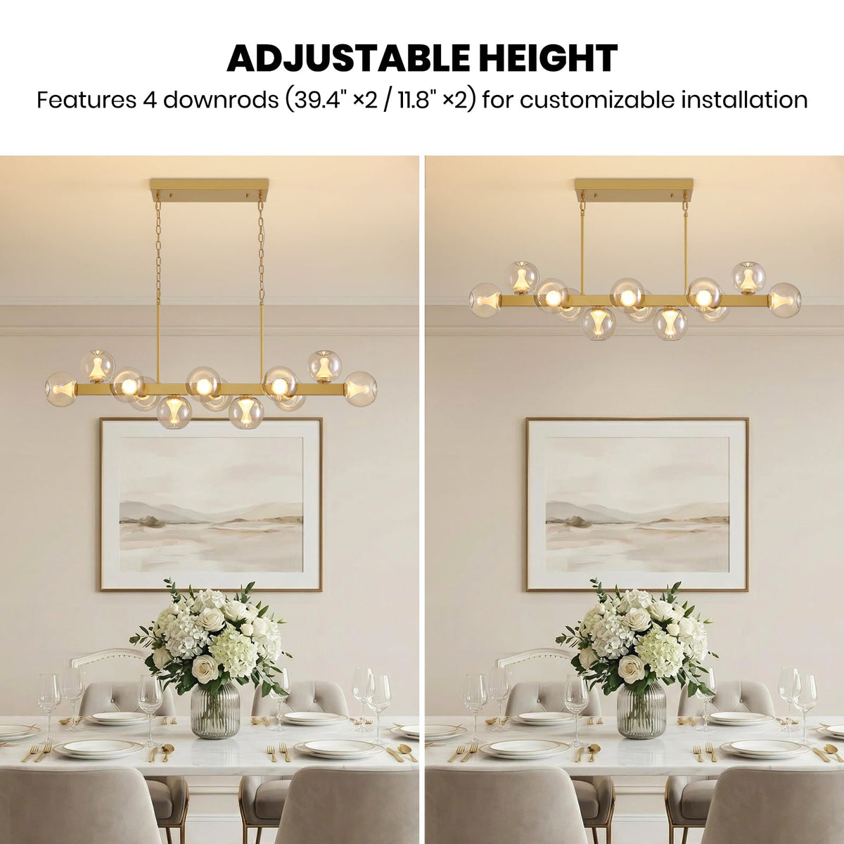 12-Light Gold linear Dream Molecule Chandelier with Amber Glass Shades, Dimmable and Remote-Controlled