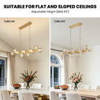 12-Light Gold linear Dream Molecule Chandelier with Amber Glass Shades, Dimmable and Remote-Controlled