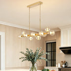 12-Light Gold linear Dream Molecule Chandelier with Amber Glass Shades, Dimmable and Remote-Controlled