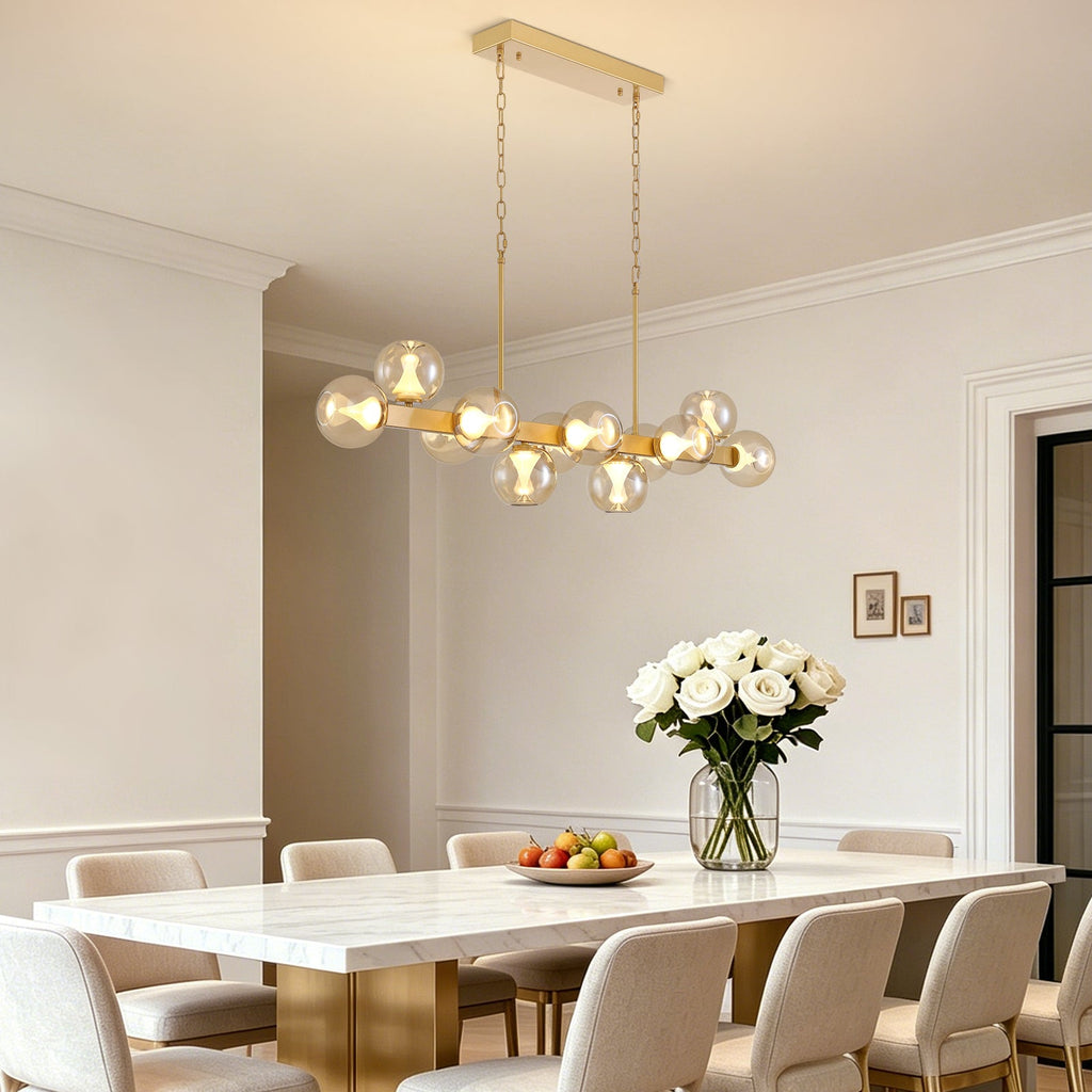 12-Light Gold linear Dream Molecule Chandelier with Amber Glass Shades, Dimmable and Remote-Controlled