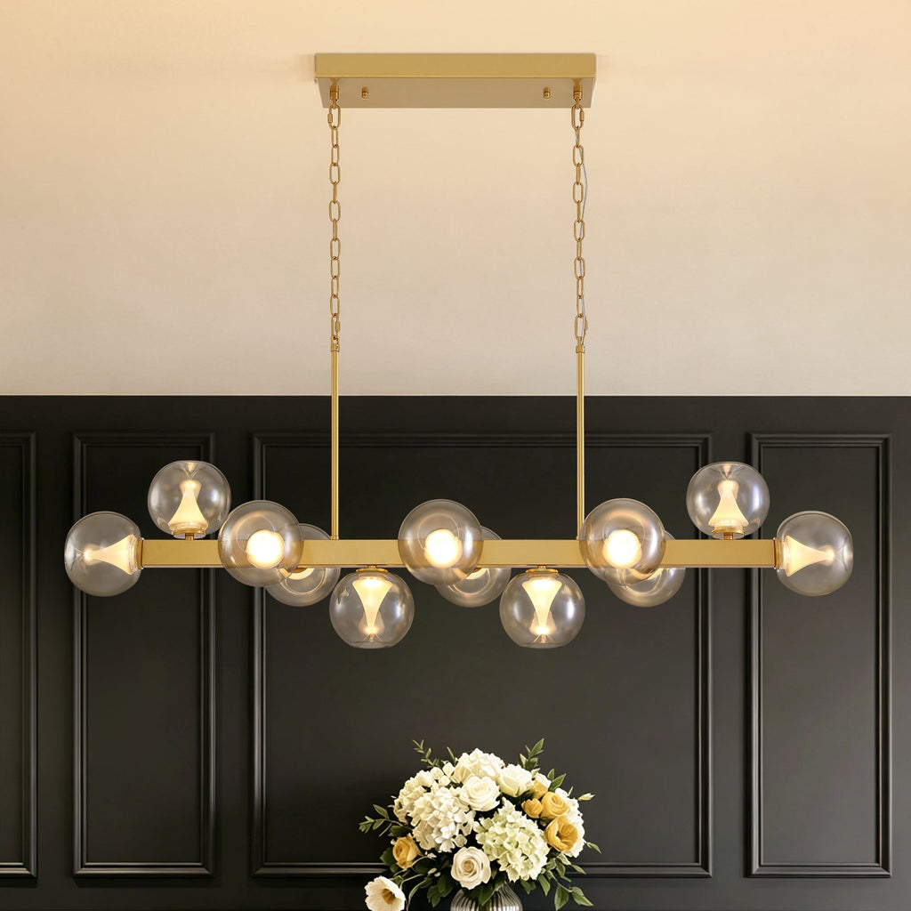 12-Light Gold linear Dream Molecule Chandelier with Amber Glass Shades, Dimmable and Remote-Controlled