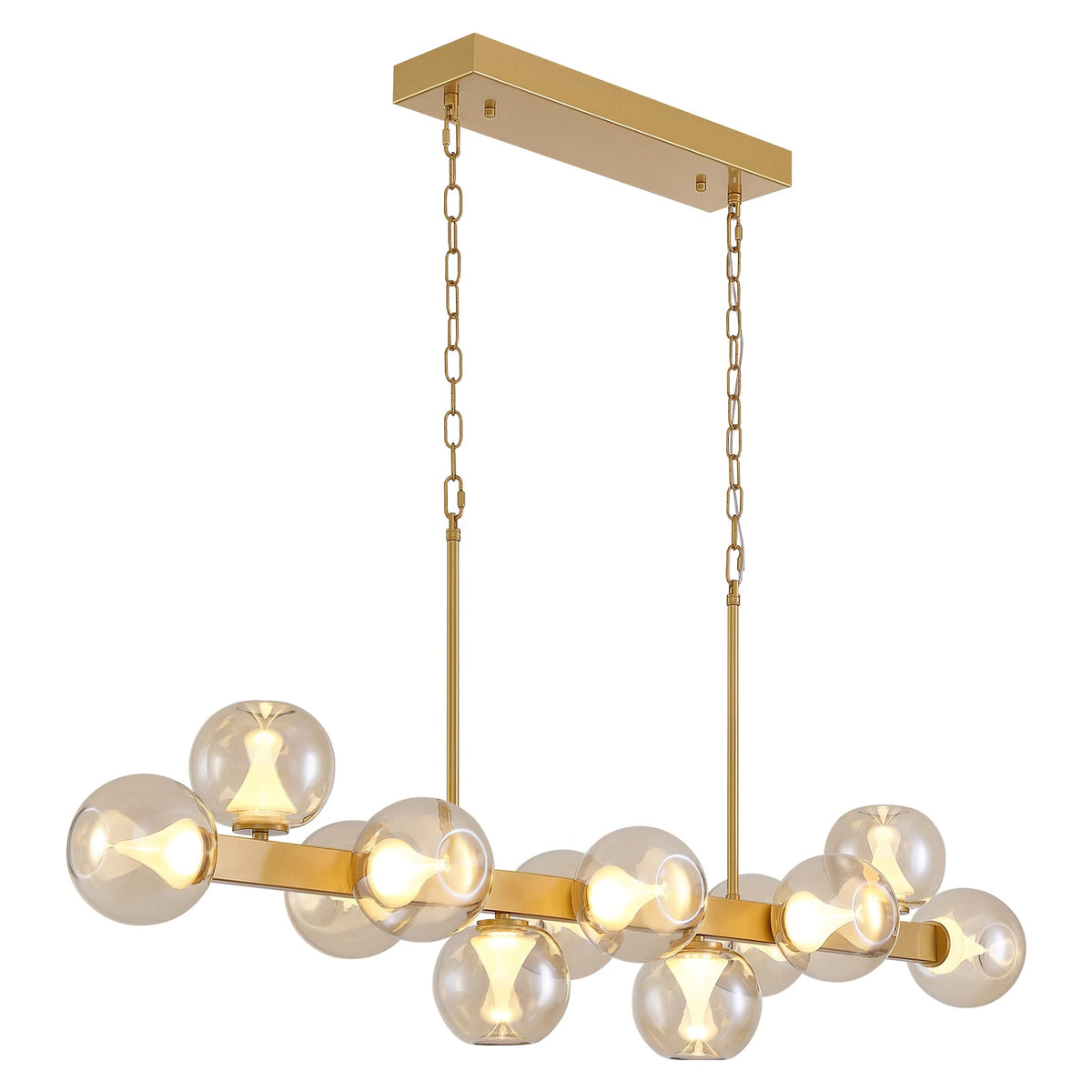 12-Light Gold linear Dream Molecule Chandelier with Amber Glass Shades, Dimmable and Remote-Controlled