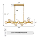 12-Light Gold linear Dream Molecule Chandelier with Amber Glass Shades, Dimmable and Remote-Controlled