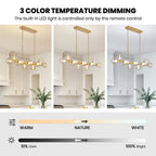 12-Light Gold linear Dream Molecule Chandelier with Amber Glass Shades, Dimmable and Remote-Controlled
