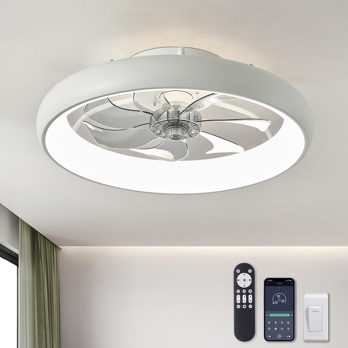 20 in. Smart Indoor Modern White Round Low Profile Ceiling Fan with Dimmable LED with Remote Included for Bedroom