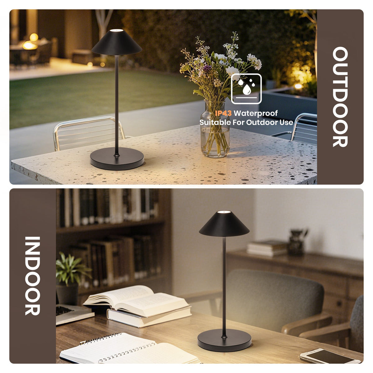 16in Black Modern Desk Lamps Cordless Smart Integrated Led Dimmable Waterproof Rechargeable Table Lamp, Indoor & Outdoor