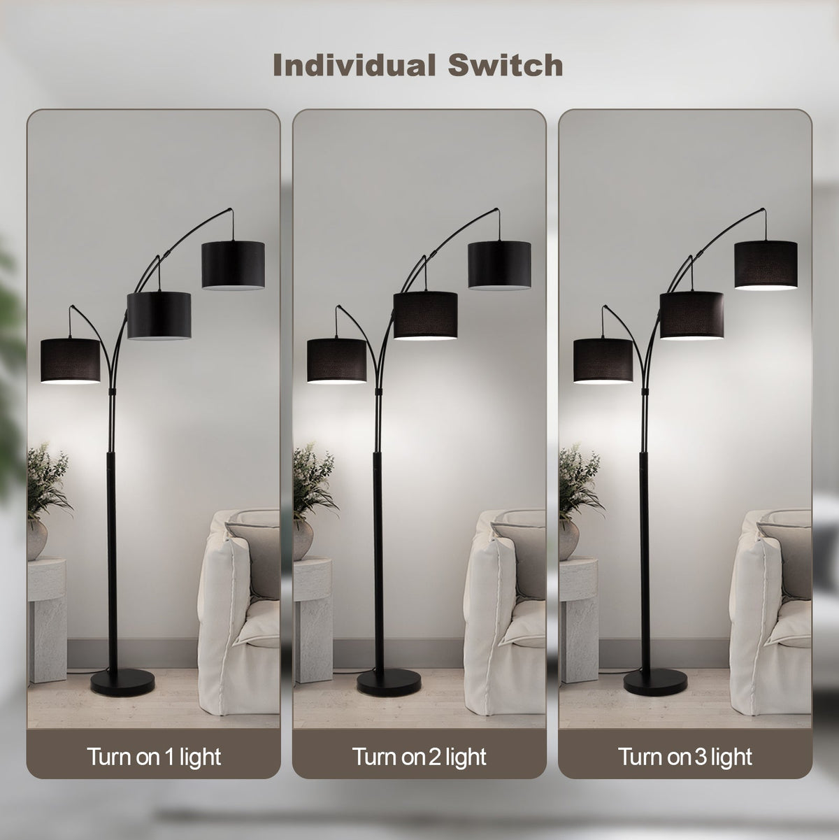 80in Black 3-Light Standard Arched Floor Lamp, Dimmable 3-Color Temperature Remote Control, Stylish Tall Tree Floor Lamps