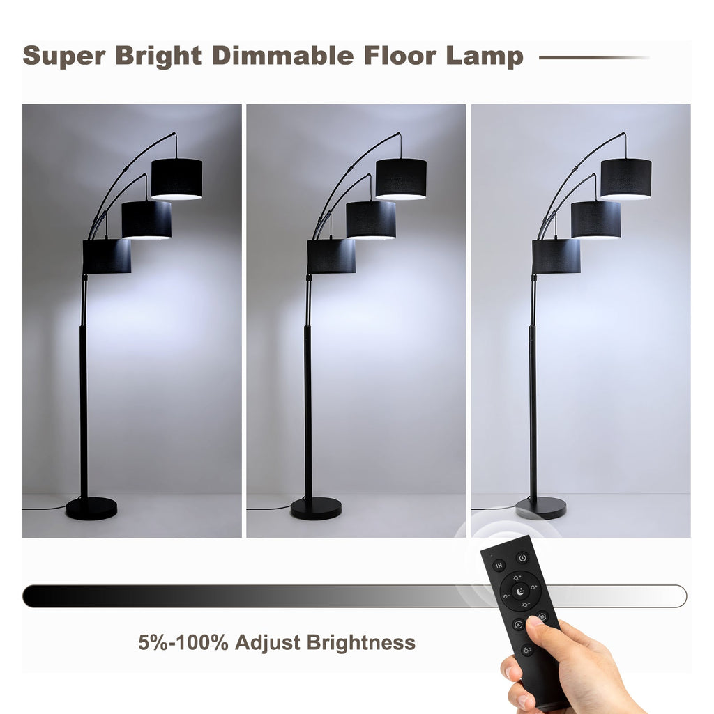 80in Black 3-Light Standard Arched Floor Lamp, Dimmable 3-Color Temperature Remote Control, Stylish Tall Tree Floor Lamps