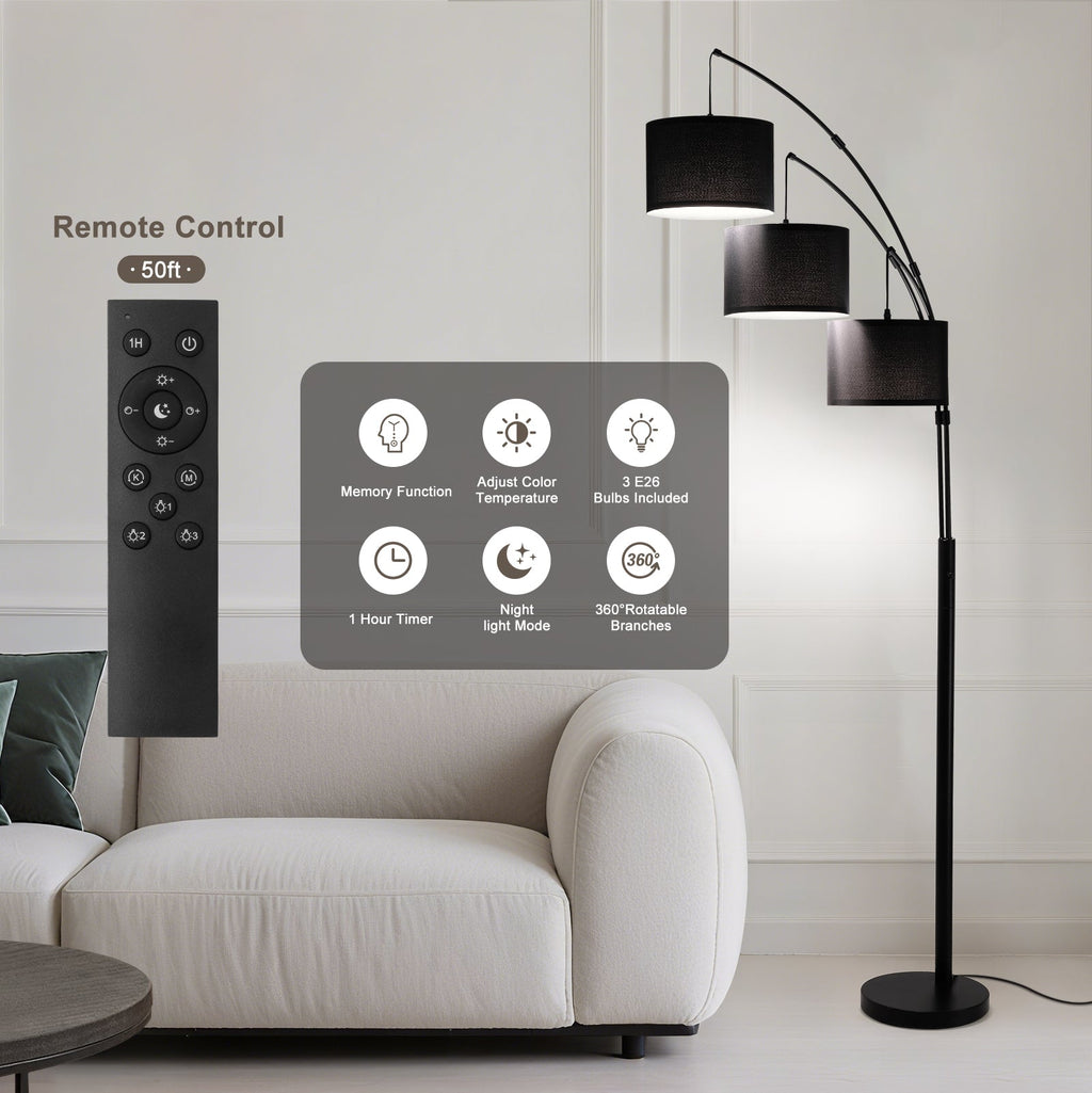 80in Black 3-Light Standard Arched Floor Lamp, Dimmable 3-Color Temperature Remote Control, Stylish Tall Tree Floor Lamps
